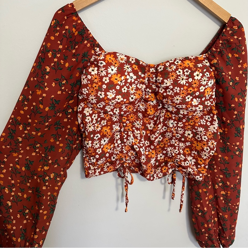 Madden NYC Floral Shirred Print Peasant Top Size Large Bohemian Cottagecore - Picture 3 of 10
